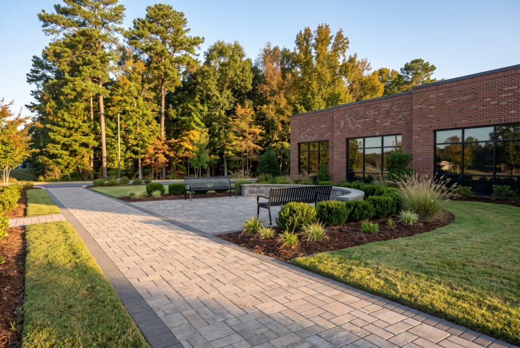Paver walkway and courtyard gathering area with seat wall at a commercial property in Greenville, SC
