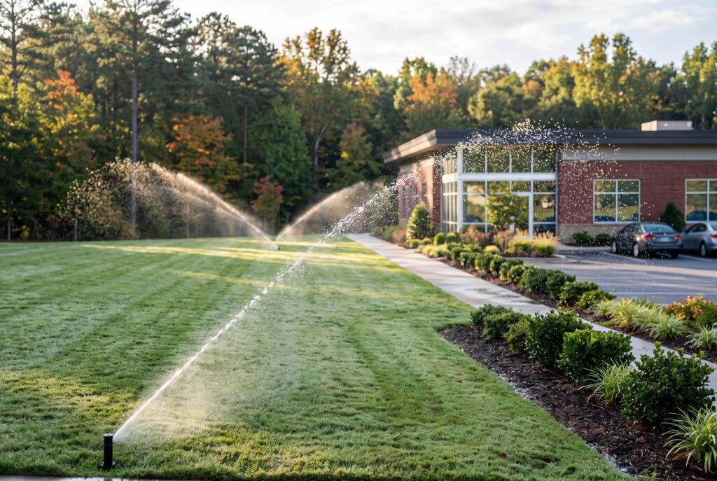 Pop-up rotor sprinklers irrigating turf at a commercial property in Greenville, SC