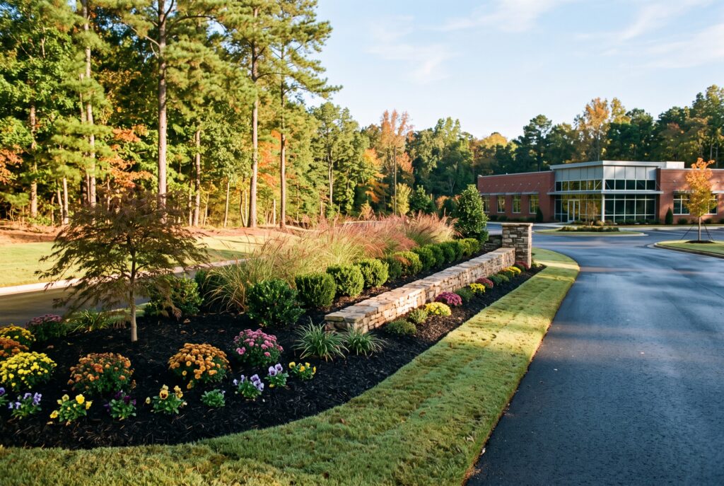 Newly installed landscape beds and plantings at a commercial property entrance in Greenville, SC