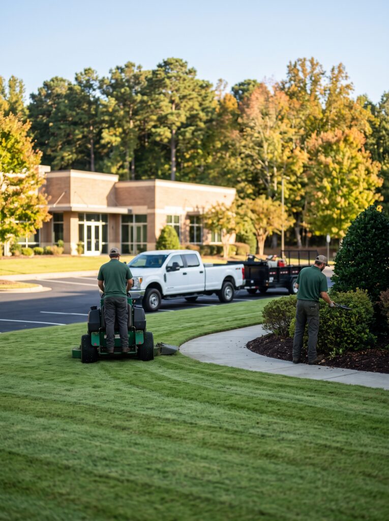 Landscaping crew mowing and pruning on a scheduled maintenance visit at a commercial property in Greenville, SC