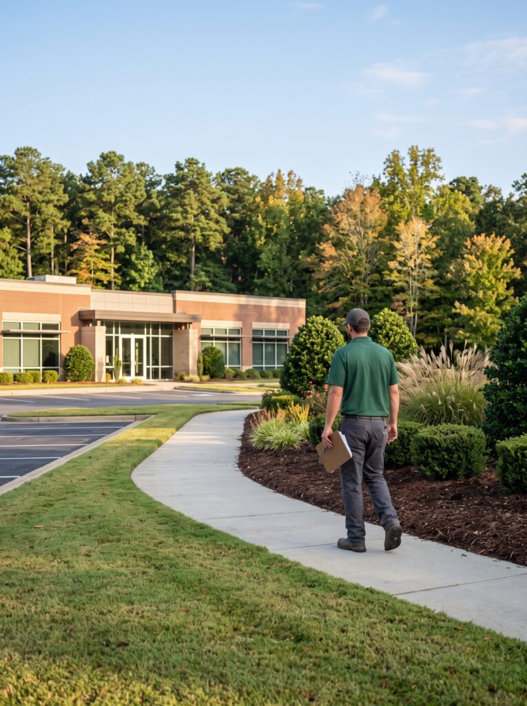 Landscape contractor walking a commercial property to assess the grounds in Greenville, SC