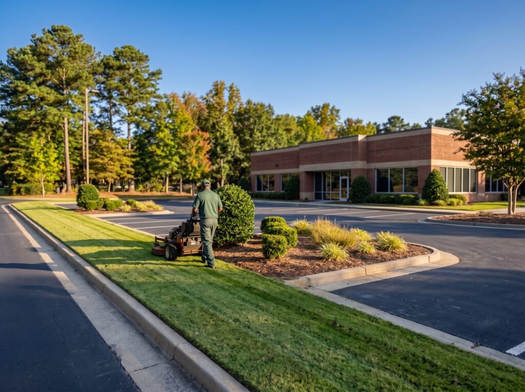 Commercial landscaping crew mowing and edging the grounds of an office park in Greenville, SC