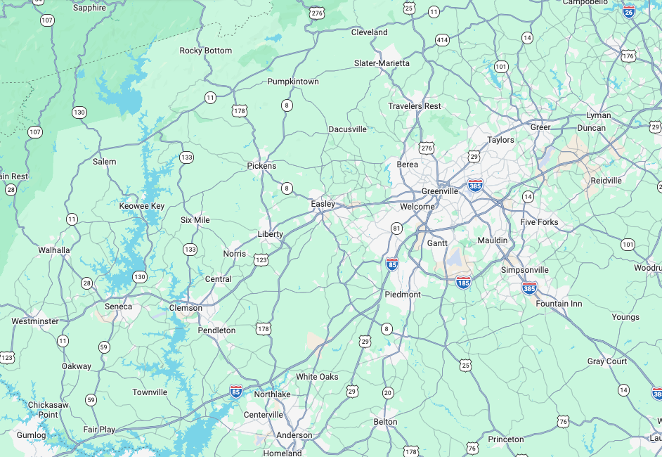 Map of the Upstate South Carolina commercial landscaping service area around Greenville