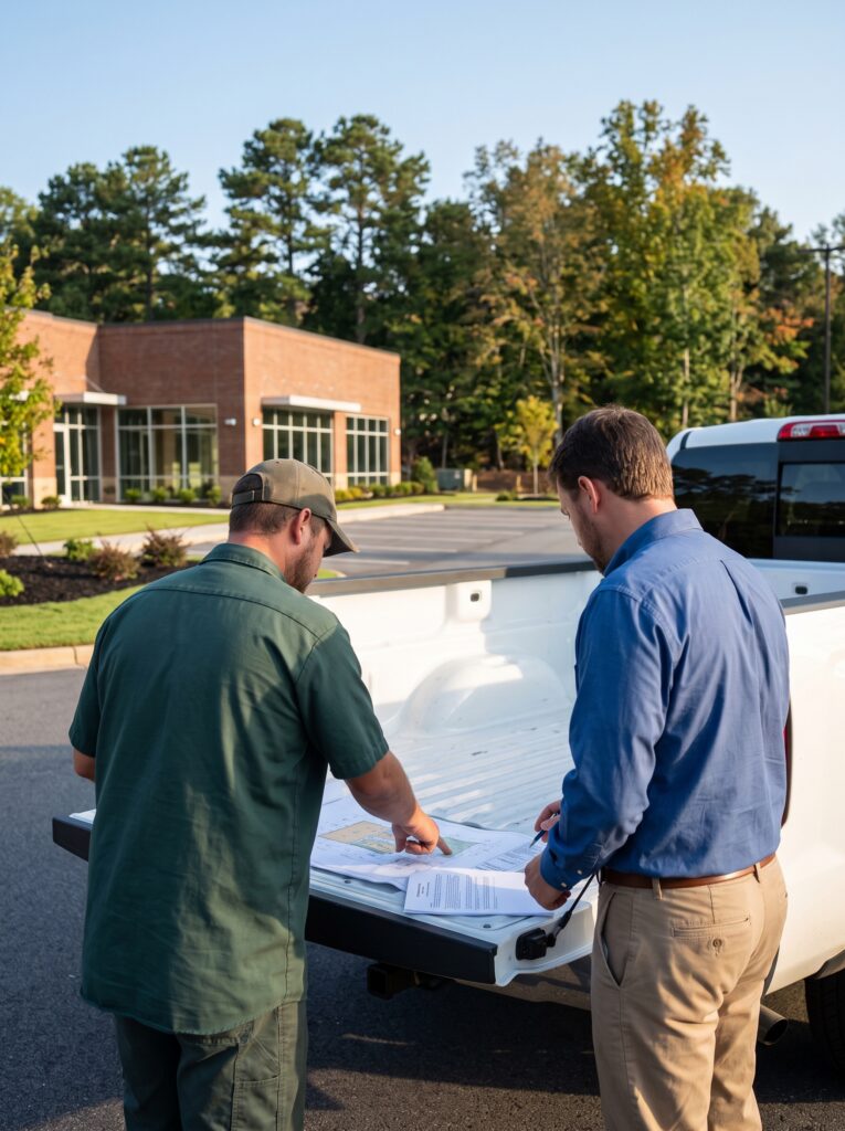 Landscape contractor reviewing a written commercial proposal with a property manager in Greenville, SC