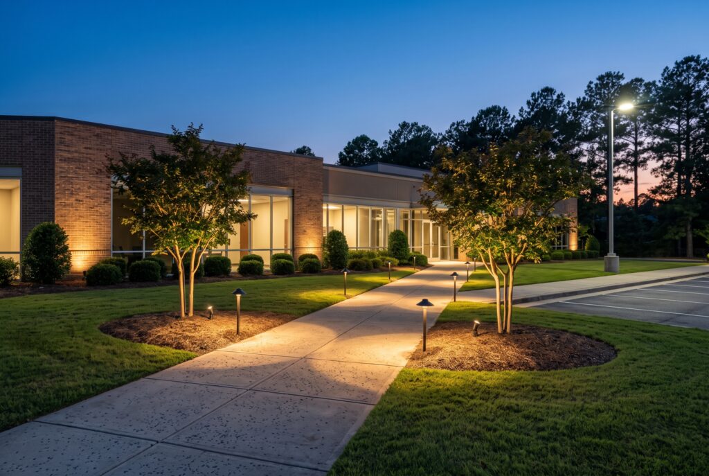 Landscape path lighting and tree uplighting along a walkway at a commercial property in Greenville, SC