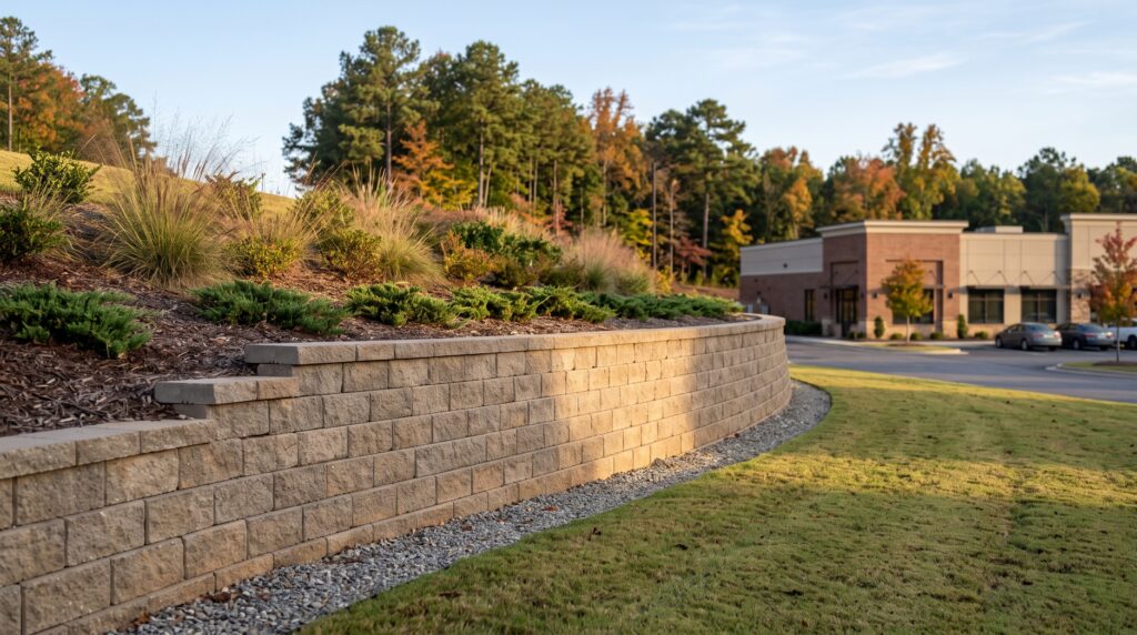 Segmental block retaining wall stabilizing a graded slope at a commercial property in Greenville, SC