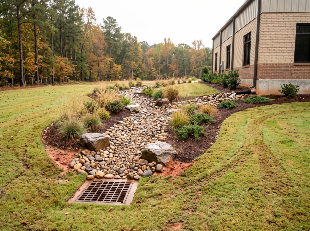 Dry creek bed with river rock and a lawn catch basin routing stormwater away from a commercial building in Greenville, SC
