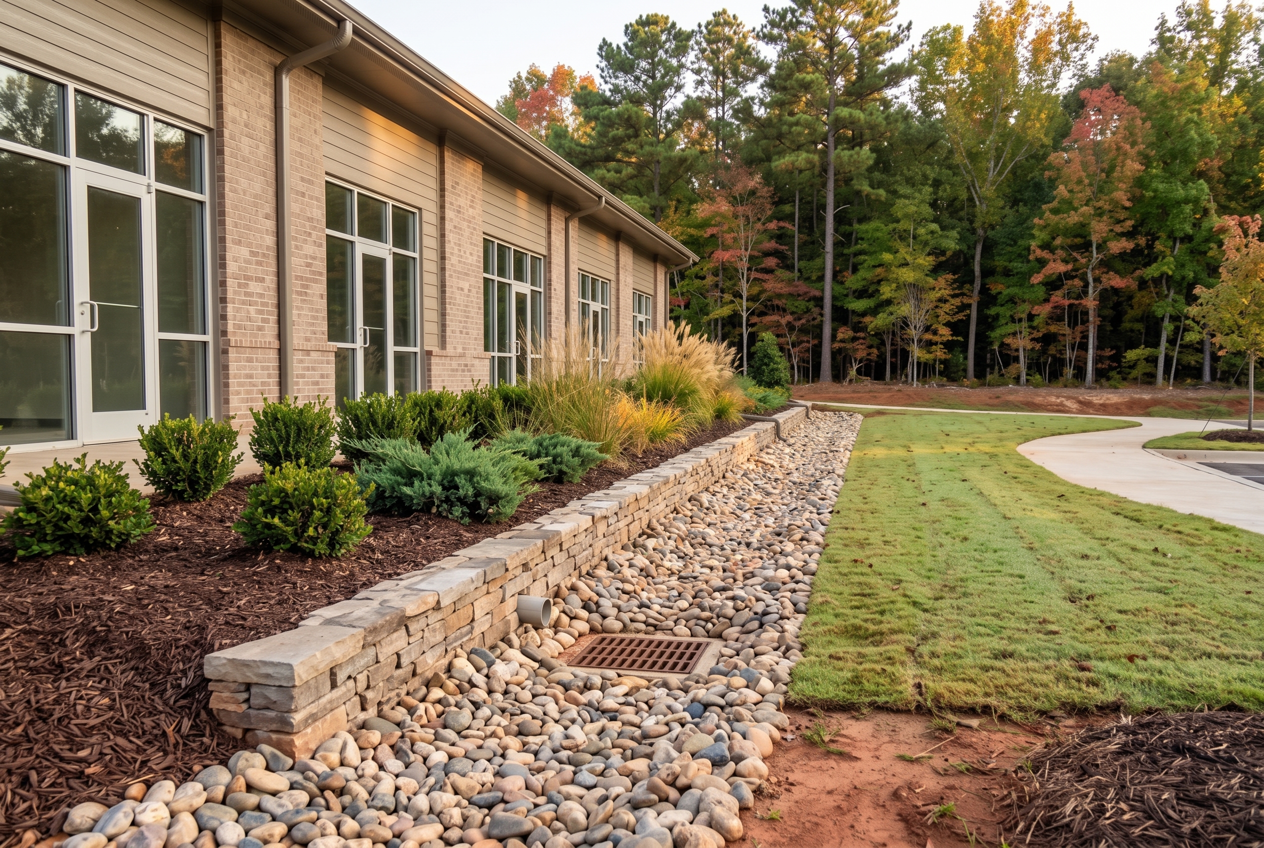 River rock drainage channel, catch basin and stacked stone retaining wall at a commercial property in Greenville, SC