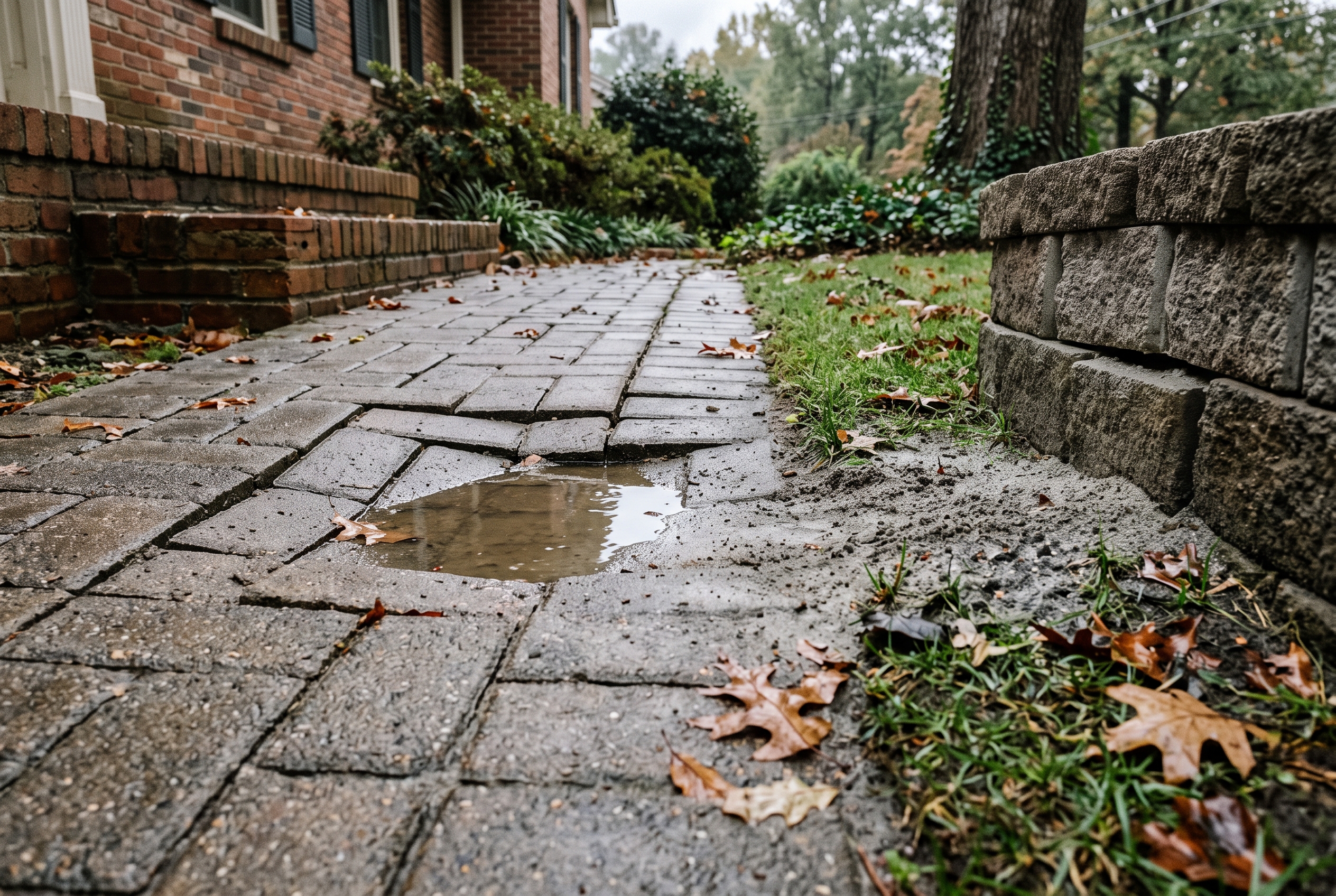 Settled and shifted pavers with washed-out joint sand beside a retaining wall in a Greenville, SC yard