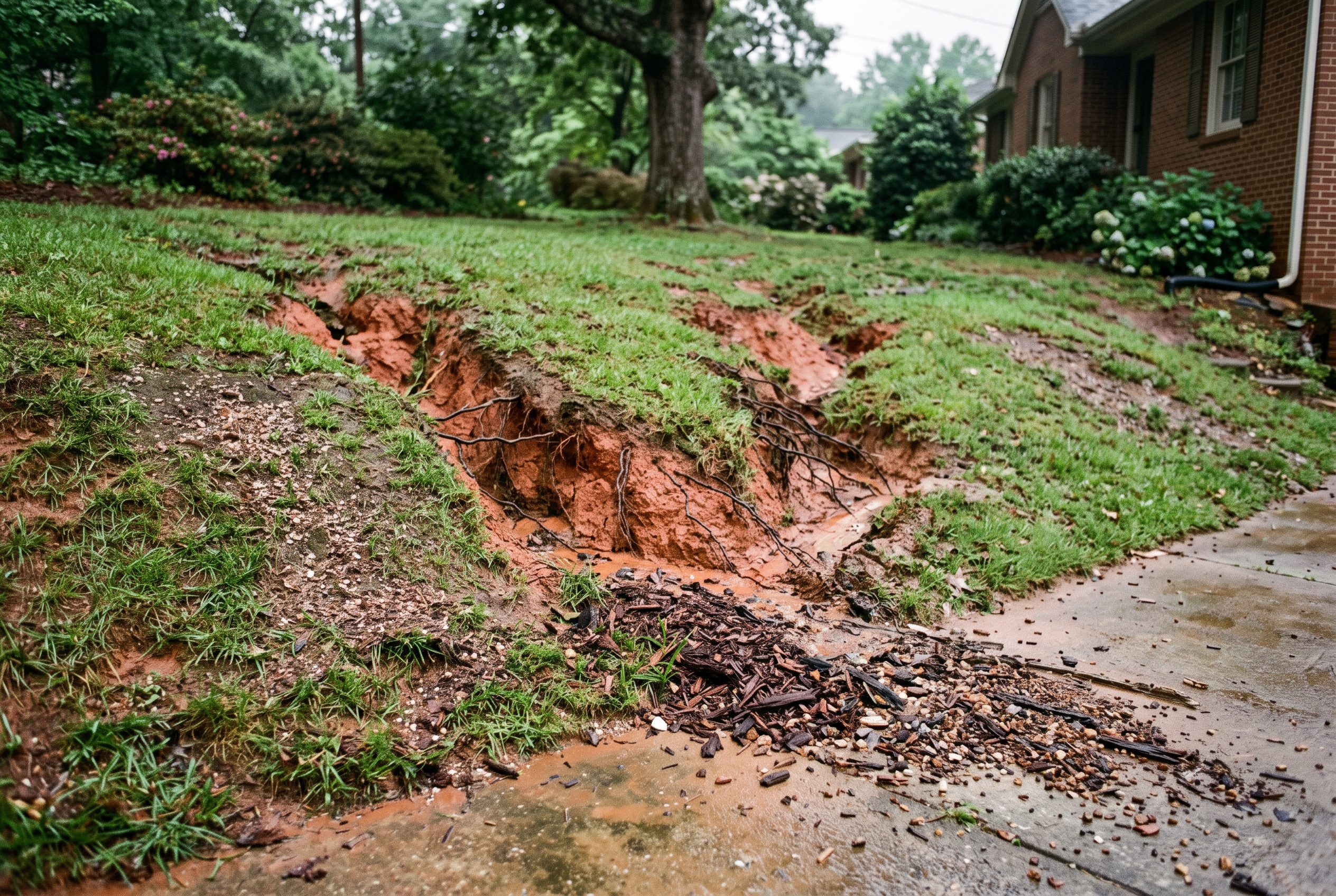 Runoff channels cut through an eroded slope exposing red clay soil and roots in a Greenville, SC yard