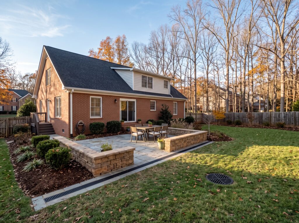 Paver patio with channel drain and lawn catch basin in a Greenville, SC backyard prepared for winter