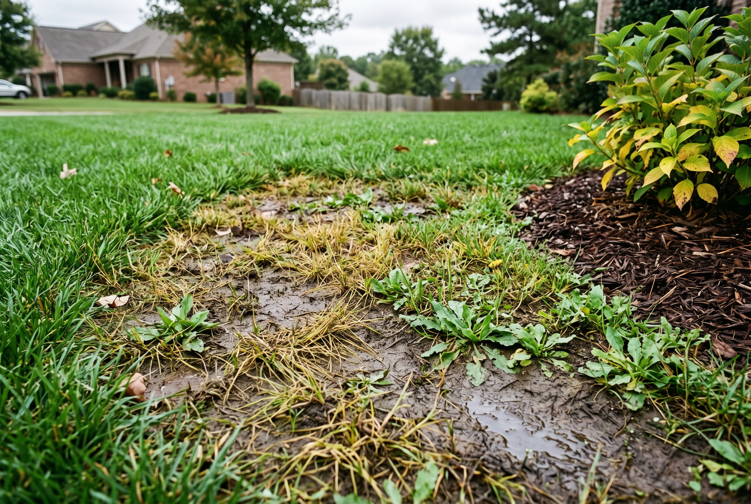 Thinning yellow grass and bare muddy soil in a chronically saturated low spot of a Greenville, SC lawn