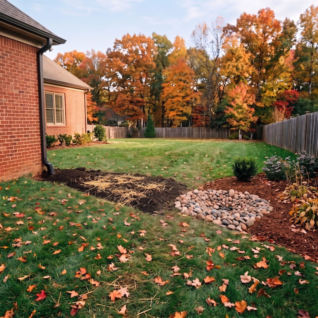 Newly installed French drain line covered with straw and grass seed across a Greenville, SC lawn in fall