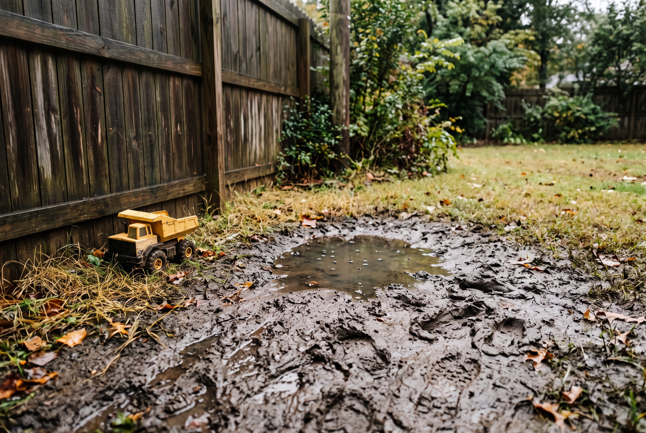 Muddy unusable corner of a backyard with standing water and footprints in Greenville, SC