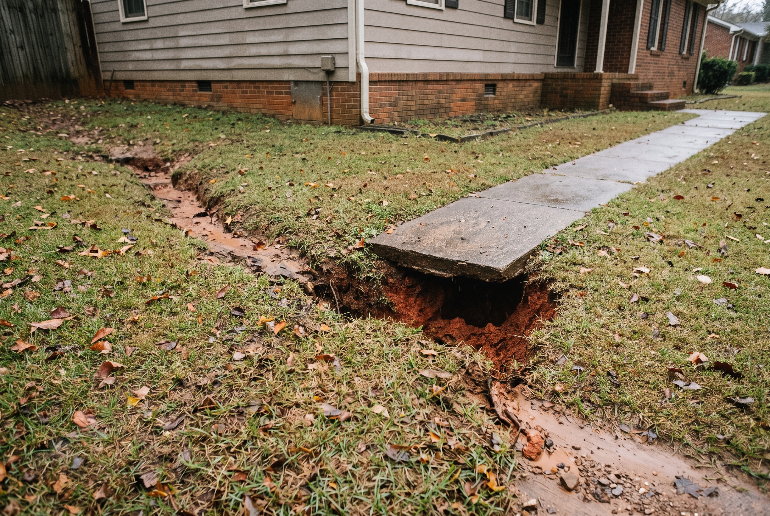 Deep erosion gully undercutting the edge of a concrete walkway in a Greenville, SC yard