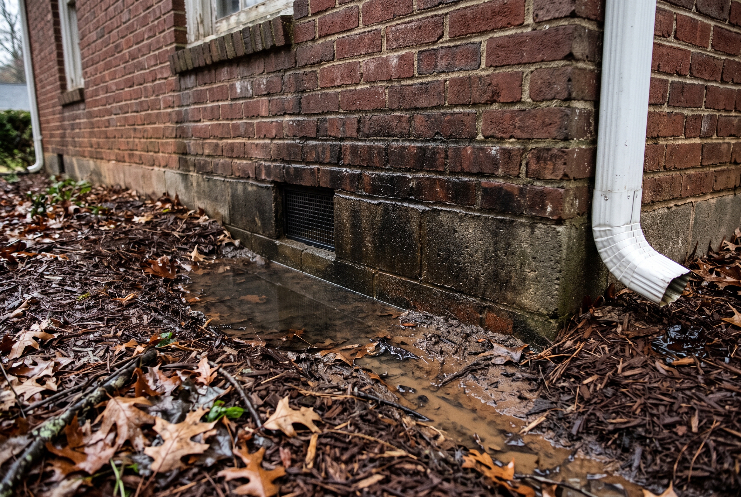 Water pooling against a brick foundation below a downspout in a Greenville, SC yard with poor grading