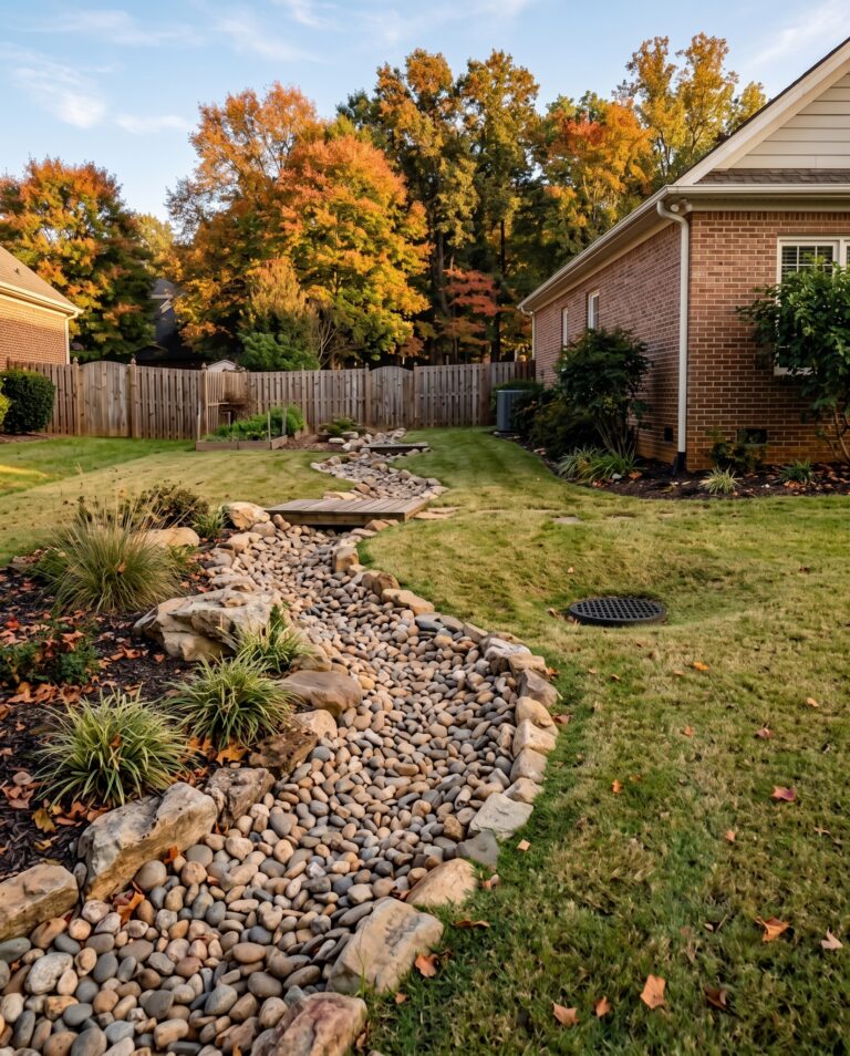 Dry creek bed with river rock and a lawn catch basin channeling runoff in a Greenville, SC backyard