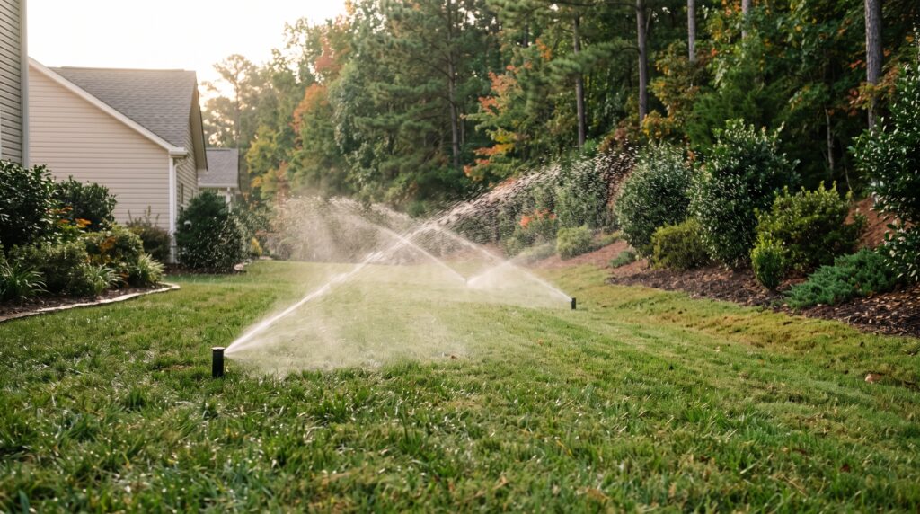 Irrigation zone watering a sloped backyard lawn at a home in Powdersville, SC