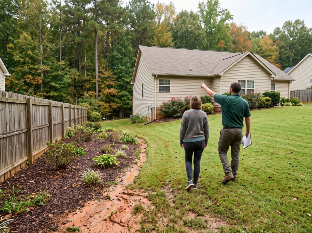Landscape contractor and homeowner walking a sloped backyard during a site visit in Powdersville, SC