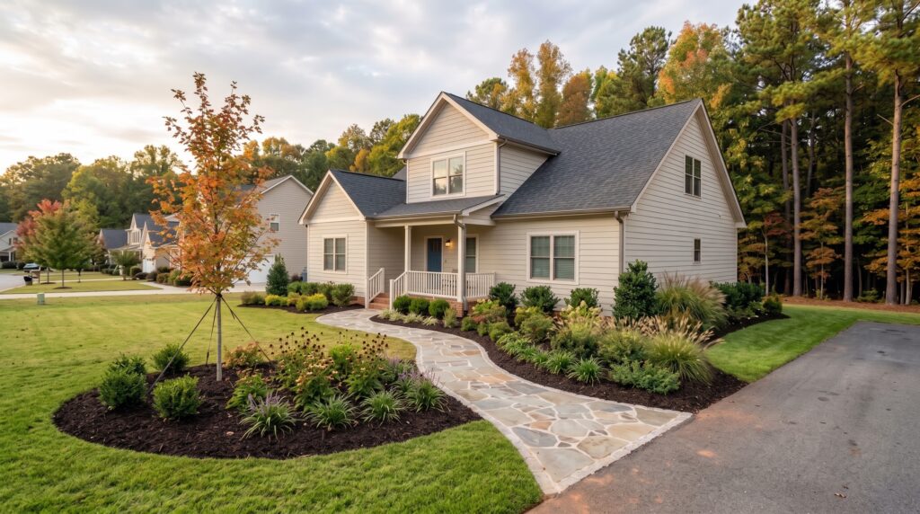 Completed design-build landscape with curved planting beds and a stone walkway at a home in Powdersville, SC