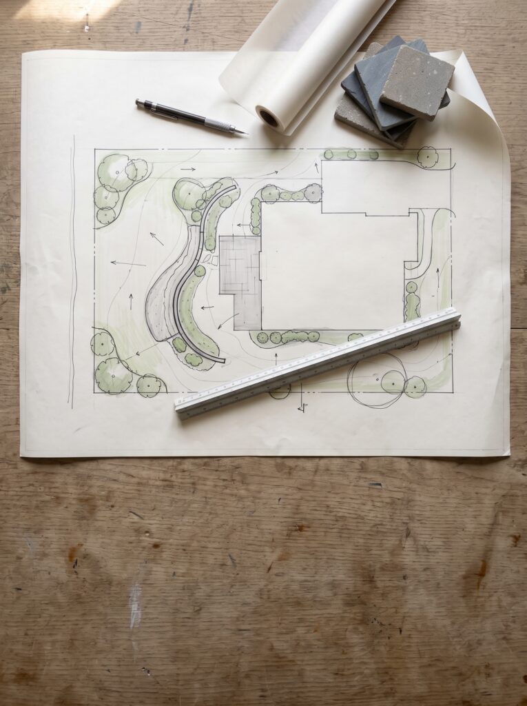 Hand-drawn landscape design plan showing planting beds, patio and grading for a property in Powdersville, SC