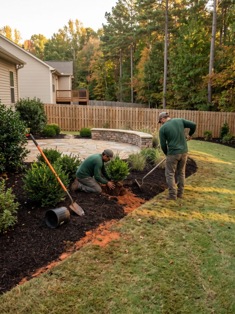 Crew setting the final plantings and finishing bed edges on a completed backyard project in Powdersville, SC