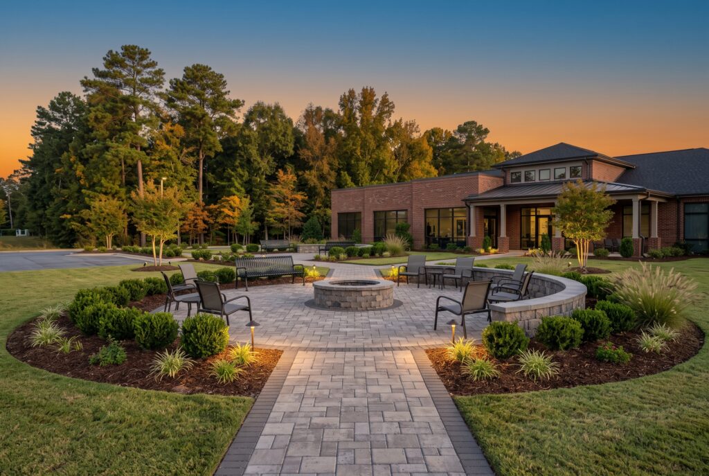Community fire pit terrace with seat wall and landscape lighting at a multifamily property in Greenville, SC