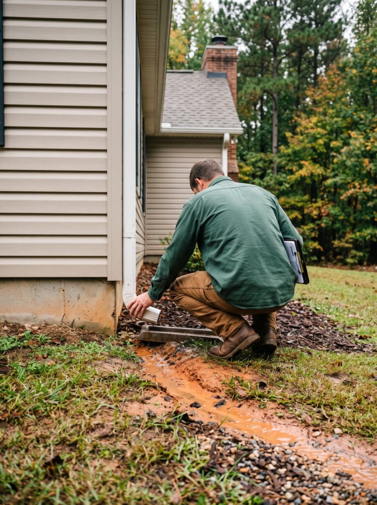 Landscape contractor inspecting a downspout and erosion channel during an on-site consultation in Powdersville, SC