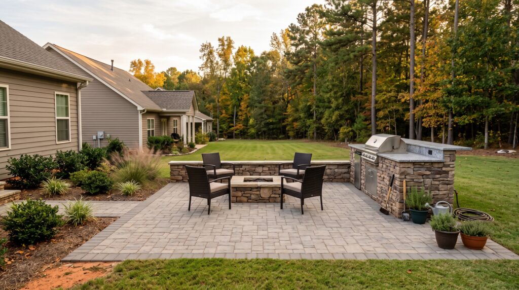 Paver patio with an outdoor kitchen, seat wall and fire feature behind a home in Powdersville, SC