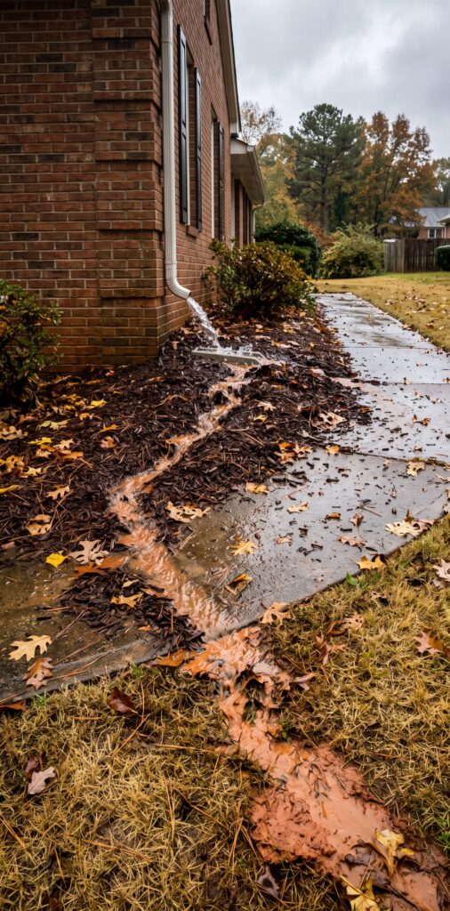 Rain runoff from a downspout washing mulch and red clay soil across a walkway in a Greenville, SC yard