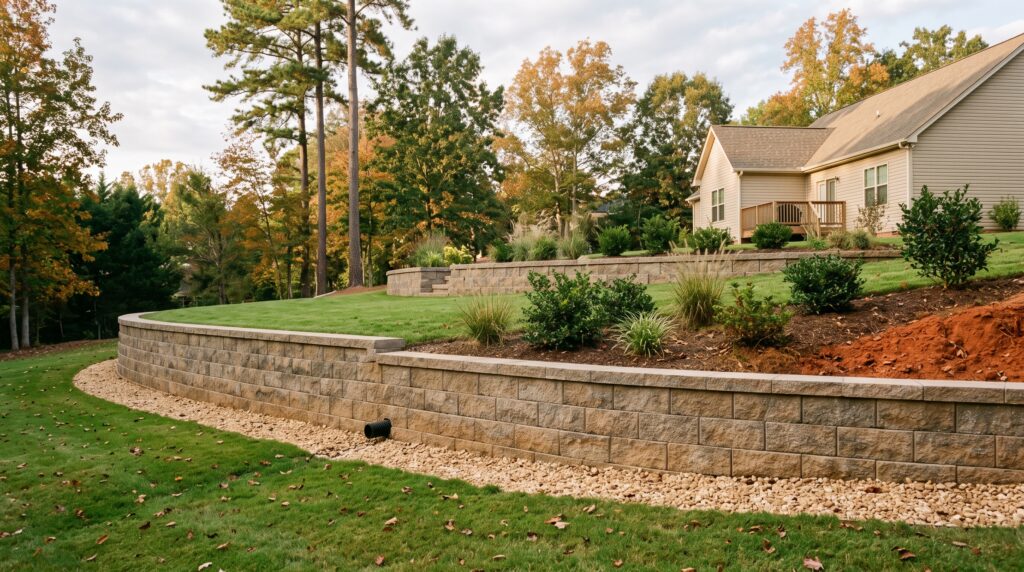 Segmental block retaining wall terracing a sloped backyard at a home in Powdersville, SC