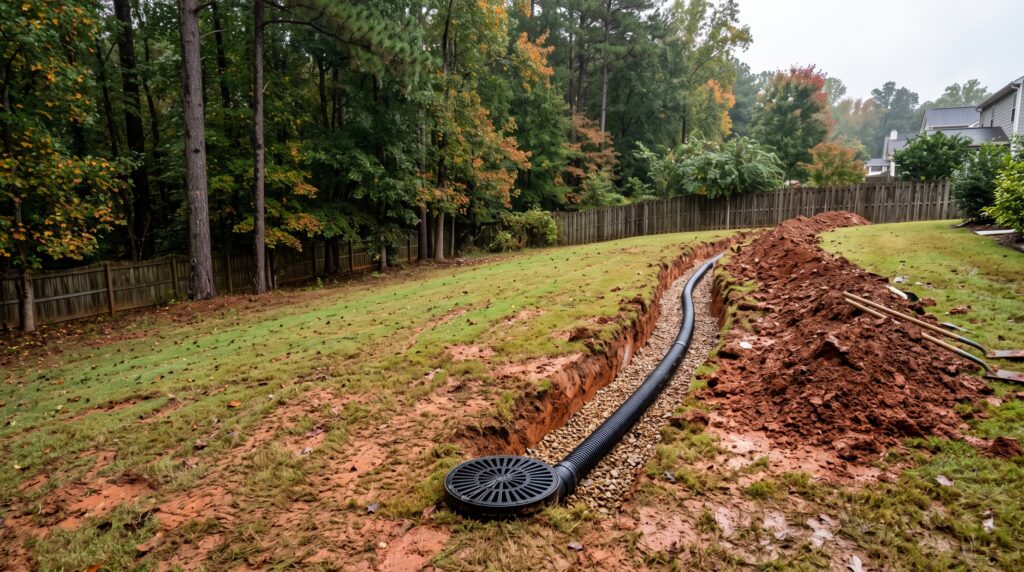 French drain and catch basin installed in a red clay backyard trench in Powdersville, SC