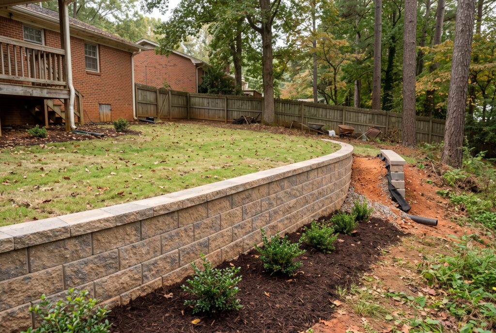 Block retaining wall terracing a sloped backyard at a home in Greenville, SC