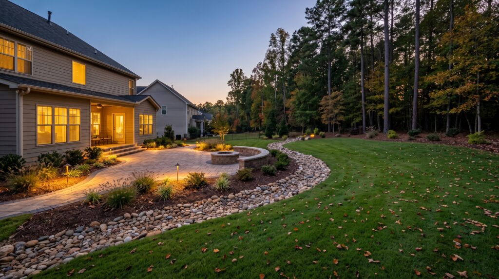 Paver patio with landscape lighting, planting beds and a dry creek bed forming one complete backyard in Greenville, SC