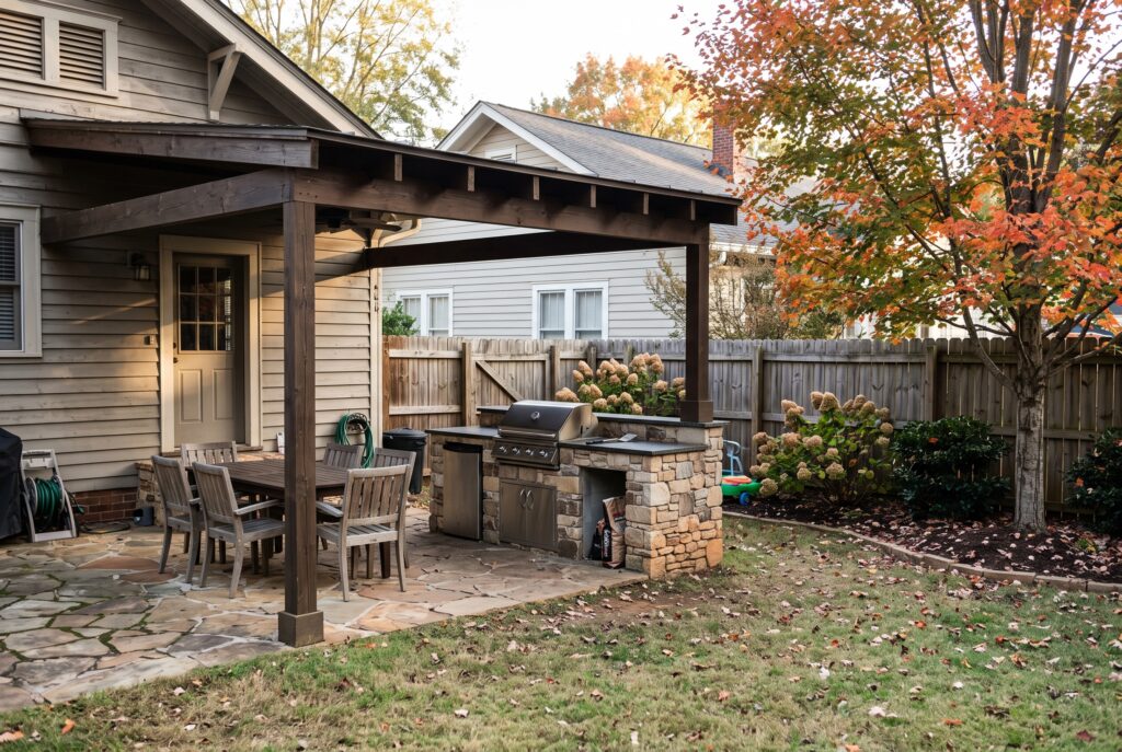 Covered patio with an outdoor kitchen and seating area in a fenced backyard in Greenville, SC