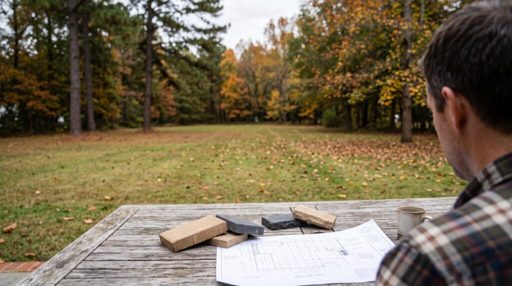Homeowner reviewing patio plans and paver samples on a backyard table in early autumn in Greenville, SC