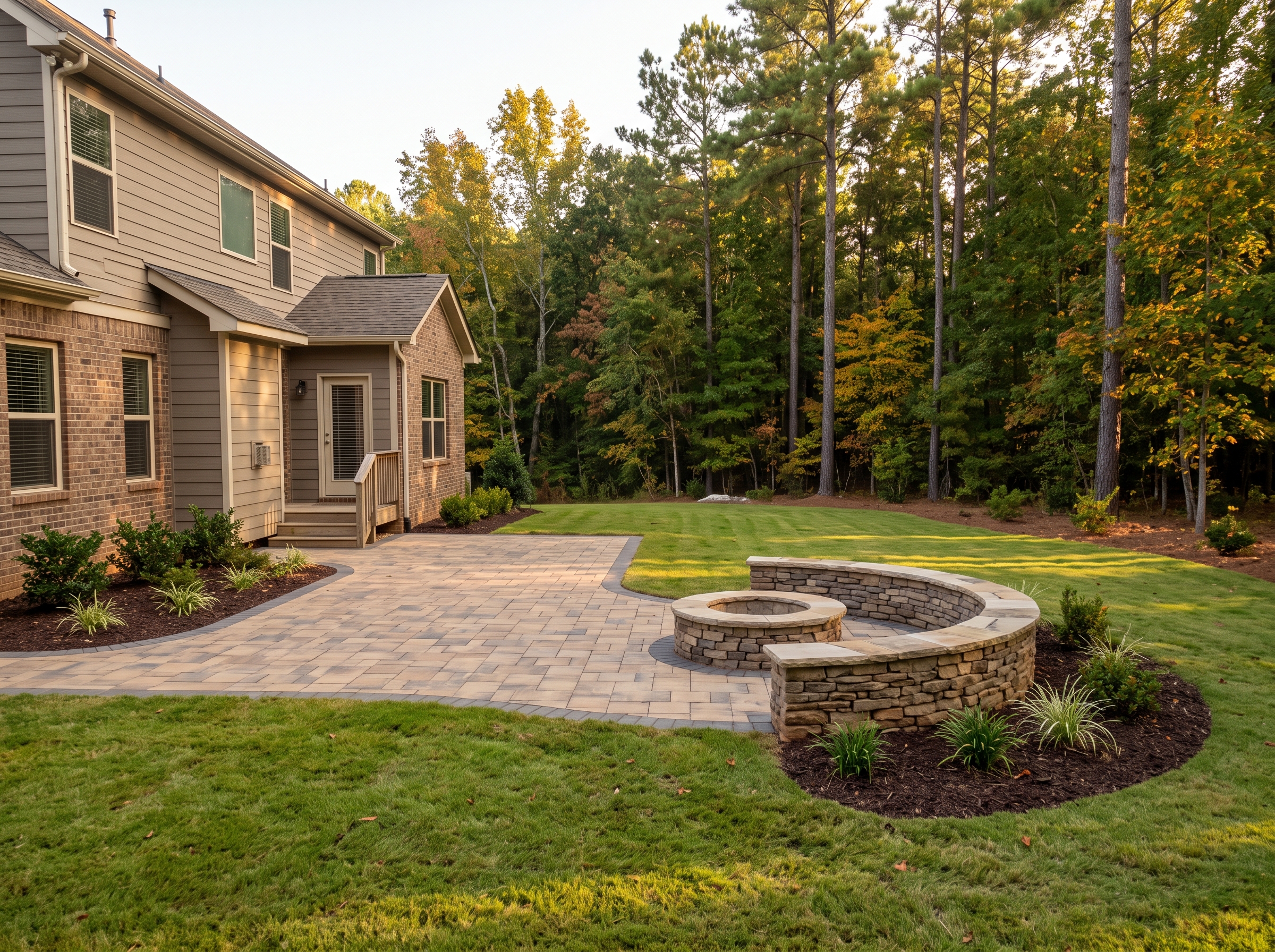 Paver patio with fire pit and curved seating wall behind a home in early autumn in Greenville, SC