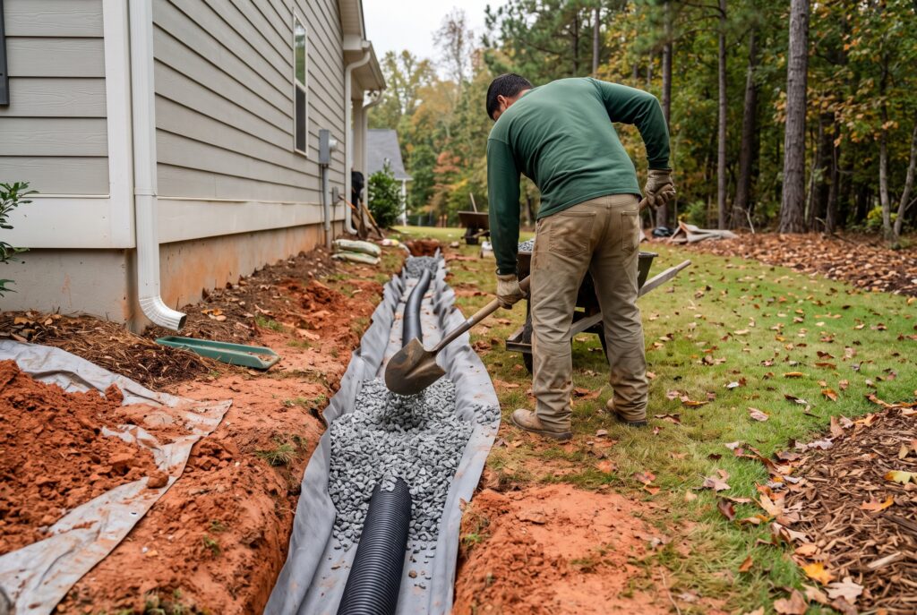 French drain being installed along the side yard of a home in Greenville, SC