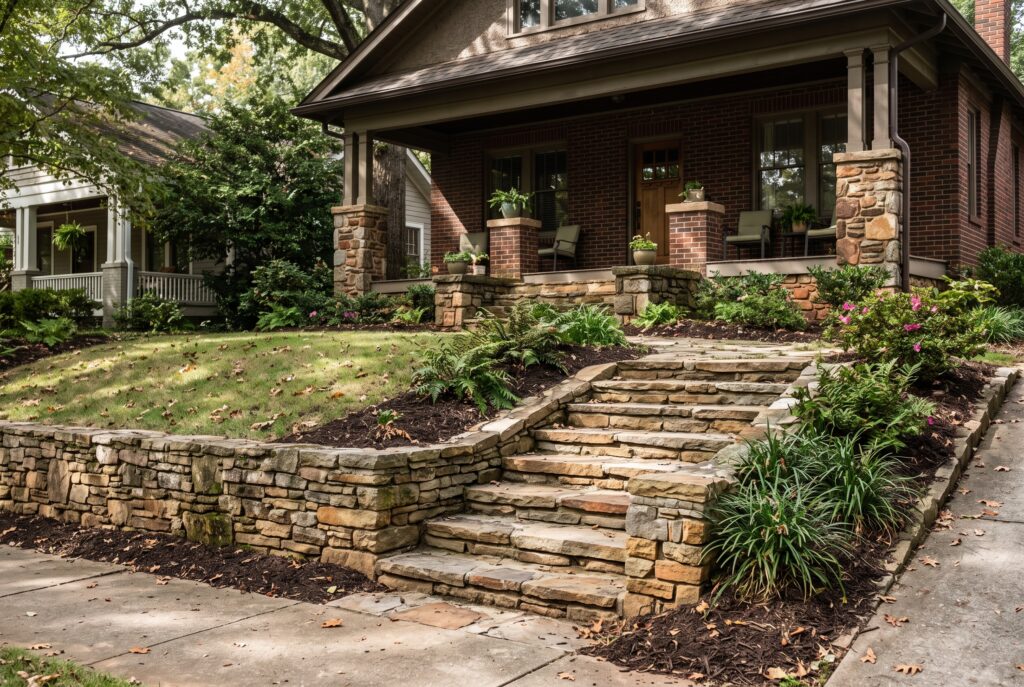 Natural stone steps and a low garden wall leading up to an older home in Greenville, SC