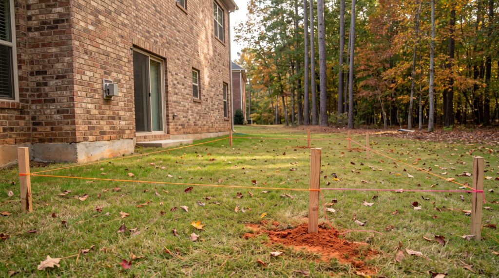 Stakes and string line marking out a future patio layout on a backyard lawn in fall in Greenville, SC