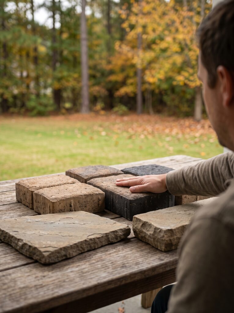 Paver and natural stone samples laid out for patio material selection in Greenville, SC