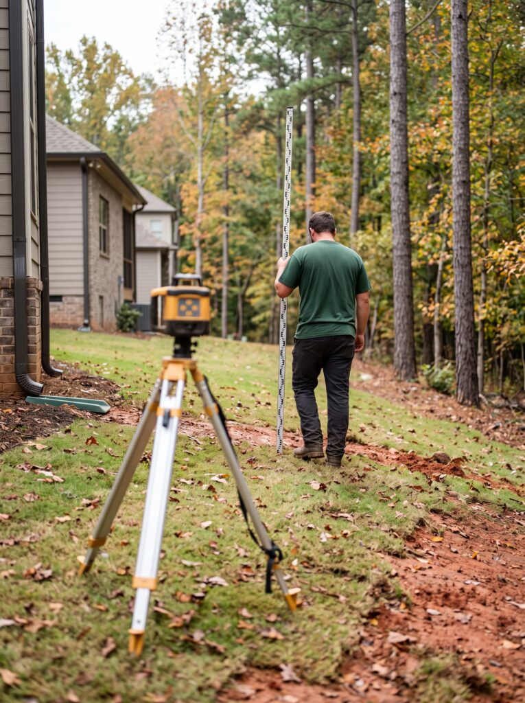 Landscape crew member checking backyard grade with a laser level on a sloped lot in Greenville, SC