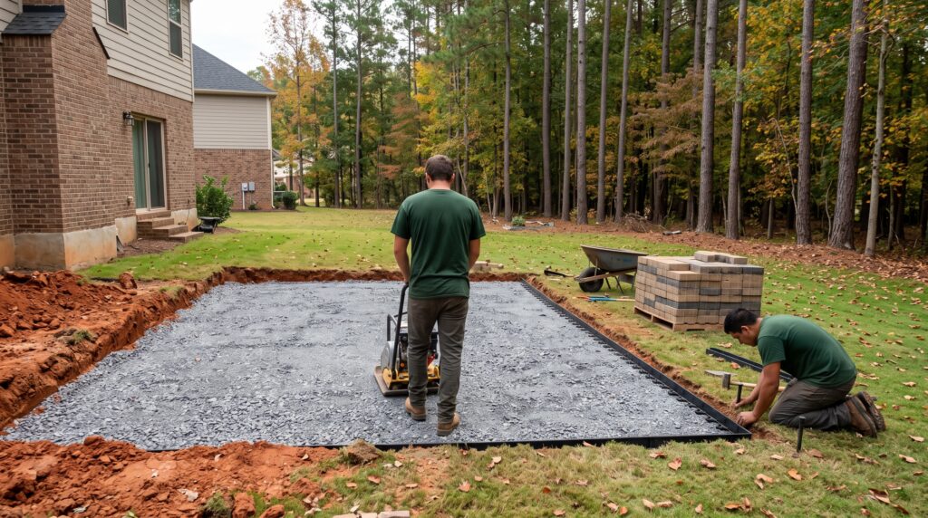 Crew compacting a gravel base and setting edge restraints for a new paver patio in Greenville, SC