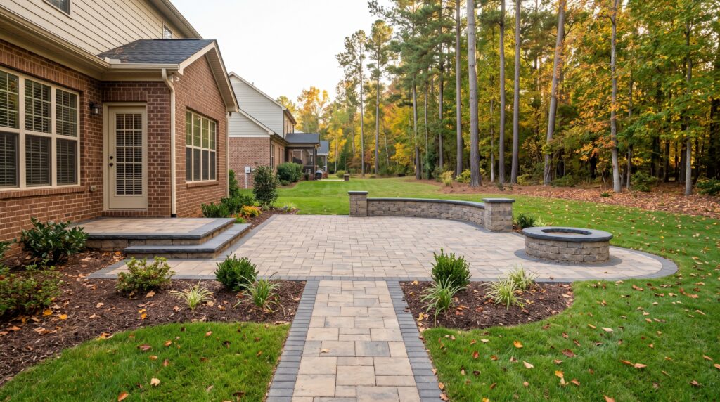 Paver patio with seating wall, fire pit and walkway connecting to the back of a home in Greenville, SC