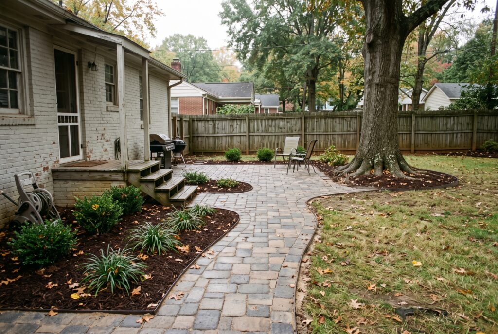 Paver walkway and patio connecting a back porch to the yard at a home in Greenville, SC
