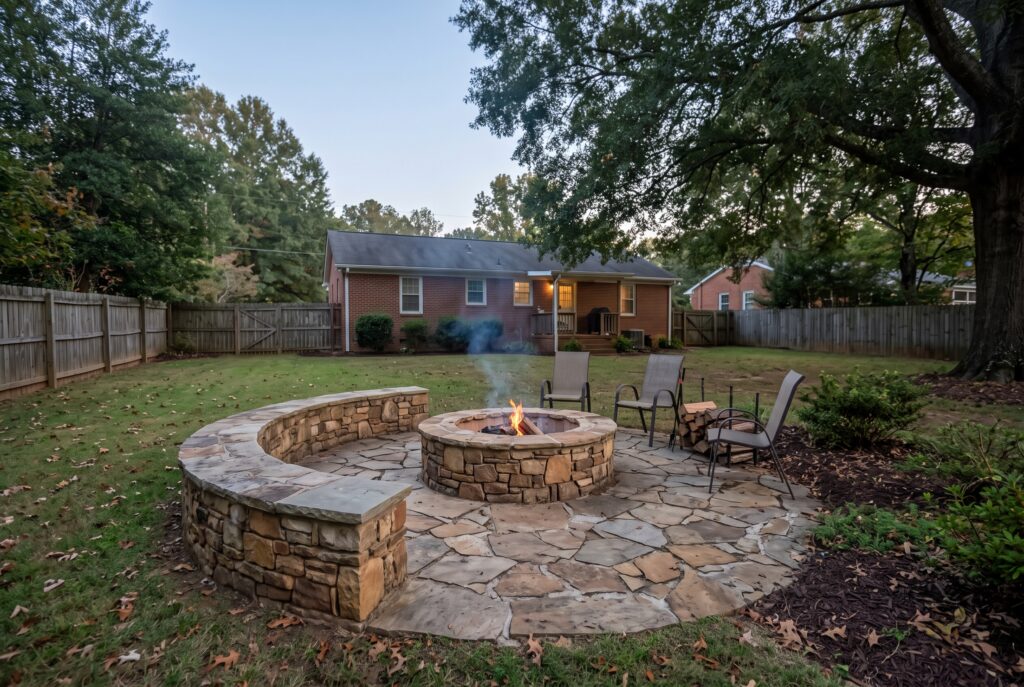 Stone fire pit with a curved seating wall on a backyard patio in Greenville, SC