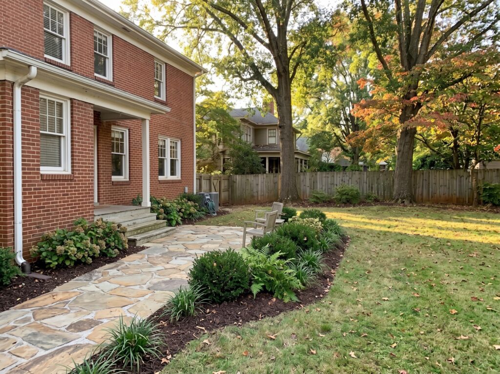Stone patio and planting beds under mature trees behind an older home in Greenville, SC